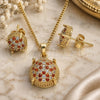 Oro Laminado Earring and Pendant Adult Set, Gold Filled Style with Garnet and White Micro Pave, Polished, Golden Finish, 10.344.0017.1