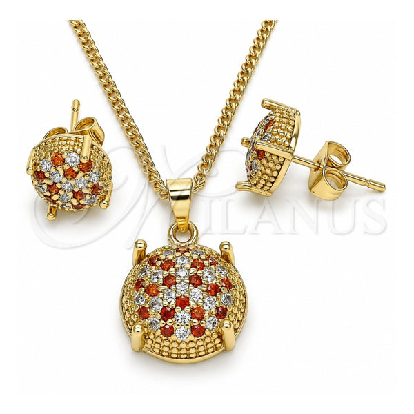 Oro Laminado Earring and Pendant Adult Set, Gold Filled Style with Garnet and White Micro Pave, Polished, Golden Finish, 10.344.0017.1