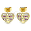 Oro Laminado Stud Earring, Gold Filled Style Heart Design, with Ruby and White Micro Pave, Polished, Golden Finish, 02.344.0085.1