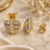 Oro Laminado Stud Earring, Gold Filled Style Heart Design, with Ruby and White Micro Pave, Polished, Golden Finish, 02.344.0085.1