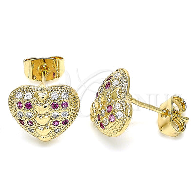 Oro Laminado Stud Earring, Gold Filled Style Heart Design, with Ruby and White Micro Pave, Polished, Golden for wholesale, main product view