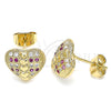 Oro Laminado Stud Earring, Gold Filled Style Heart Design, with Ruby and White Micro Pave, Polished, Golden Finish, 02.344.0085.1