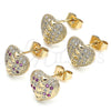 Oro Laminado Stud Earring, Gold Filled Style Heart Design, with Ruby and White Micro Pave, Polished, Golden Finish, 02.344.0085.1