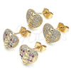 Oro Laminado Stud Earring, Gold Filled Style Heart Design, with Ruby and White Micro Pave, Polished, Golden Finish, 02.344.0085.1