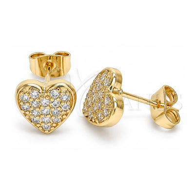 Oro Laminado Stud Earring, Gold Filled Style Heart Design, with White Micro Pave, Polished, Golden Finish, 02.344.0086