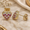 Oro Laminado Stud Earring, Gold Filled Style Heart Design, with Ruby and White Micro Pave, Polished, Golden Finish, 02.344.0086.1