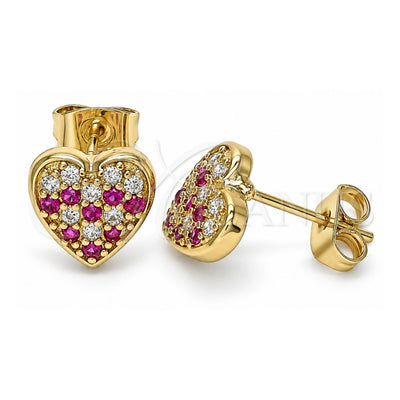 Oro Laminado Stud Earring, Gold Filled Style Heart Design, with Ruby and White Micro Pave, Polished, Golden Finish, 02.344.0086.1