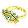 Oro Laminado Multi Stone Ring, Gold Filled Style Evil Eye Design, with Multicolor Micro Pave, Turquoise Enamel Finish, Golden Finish, 01.368.0008 (One size fits all)