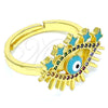Oro Laminado Multi Stone Ring, Gold Filled Style Evil Eye Design, with Multicolor Micro Pave, Turquoise Enamel Finish, Golden Finish, 01.368.0008 (One size fits all)