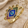 Oro Laminado Multi Stone Ring, Gold Filled Style Evil Eye Design, with Multicolor Micro Pave, Blue Enamel Finish, Golden Finish, 01.368.0009 (One size fits all)