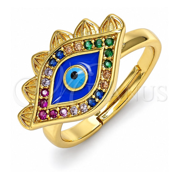 Oro Laminado Multi Stone Ring, Gold Filled Style Evil Eye Design, with Multicolor Micro Pave, Blue Enamel Finish, Golden Finish, 01.368.0009 (One size fits all)