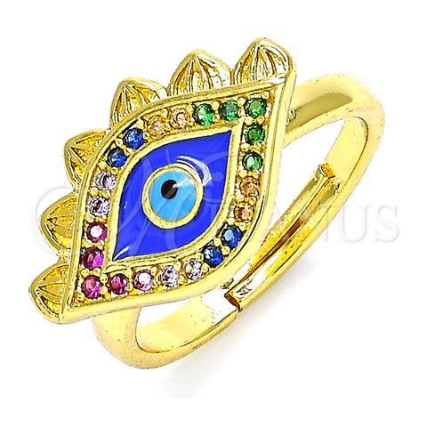 Oro Laminado Multi Stone Ring, Gold Filled Style Evil Eye Design, with Multicolor Micro Pave, Blue Enamel Finish, Golden Finish, 01.368.0009 (One size fits all)