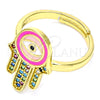 Oro Laminado Multi Stone Ring, Gold Filled Style Hand of God Design, with Multicolor Micro Pave, Pink Enamel Finish, Golden Finish, 01.368.0010 (One size fits all)