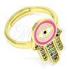 Oro Laminado Multi Stone Ring, Gold Filled Style Hand of God Design, with Multicolor Micro Pave, Pink Enamel Finish, Golden Finish, 01.368.0010 (One size fits all)