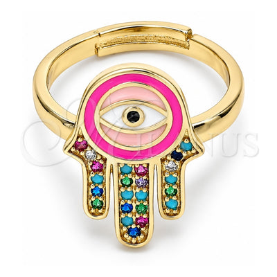 Oro Laminado Multi Stone Ring, Gold Filled Style Hand of God and Judaica Design, with Multicolor Micro Pave, Pink Enamel Finish, Golden Finish, 01.368.0010 (One size fits all)