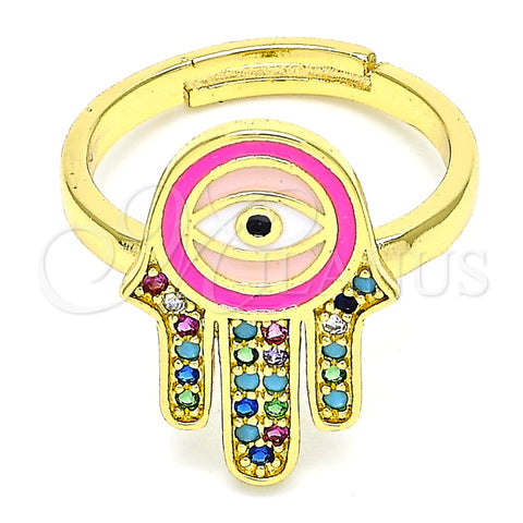 Oro Laminado Multi Stone Ring, Gold Filled Style Hand of God Design, with Multicolor Micro Pave, Pink Enamel Finish, Golden Finish, 01.368.0010 (One size fits all)