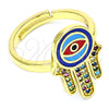 Oro Laminado Multi Stone Ring, Gold Filled Style Hand of God Design, with Multicolor Micro Pave, Blue Enamel Finish, Golden Finish, 01.368.0010.1 (One size fits all)