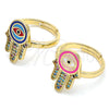 Oro Laminado Multi Stone Ring, Gold Filled Style Hand of God Design, with Multicolor Micro Pave, Blue Enamel Finish, Golden Finish, 01.368.0010.1 (One size fits all)