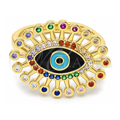 Oro Laminado Multi Stone Ring, Gold Filled Style Evil Eye Design, with Multicolor Micro Pave, Black Enamel Finish, Golden Finish, 01.368.0012.1 (One size fits all)