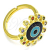 Oro Laminado Multi Stone Ring, Gold Filled Style Evil Eye Design, with Multicolor Micro Pave, Black Enamel Finish, Golden Finish, 01.368.0013 (One size fits all)