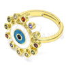 Oro Laminado Multi Stone Ring, Gold Filled Style Evil Eye Design, with Multicolor Micro Pave, White Enamel Finish, Golden Finish, 01.368.0013.1 (One size fits all)