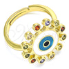 Oro Laminado Multi Stone Ring, Gold Filled Style Evil Eye Design, with Multicolor Micro Pave, White Enamel Finish, Golden Finish, 01.368.0013.1 (One size fits all)