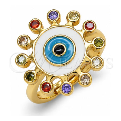Oro Laminado Multi Stone Ring, Gold Filled Style Evil Eye Design, with Multicolor Micro Pave, White Enamel Finish, Golden Finish, 01.368.0013.1 (One size fits all)