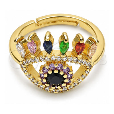 Oro Laminado Multi Stone Ring, Gold Filled Style Evil Eye Design, with Multicolor Micro Pave, Polished, Golden Finish, 01.368.0014 (One size fits all)