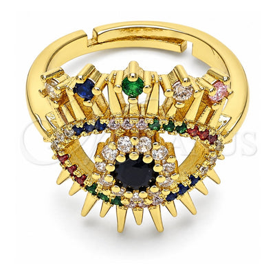 Oro Laminado Multi Stone Ring, Gold Filled Style Evil Eye Design, with Multicolor Micro Pave, Polished, Golden Finish, 01.368.0015 (One size fits all)