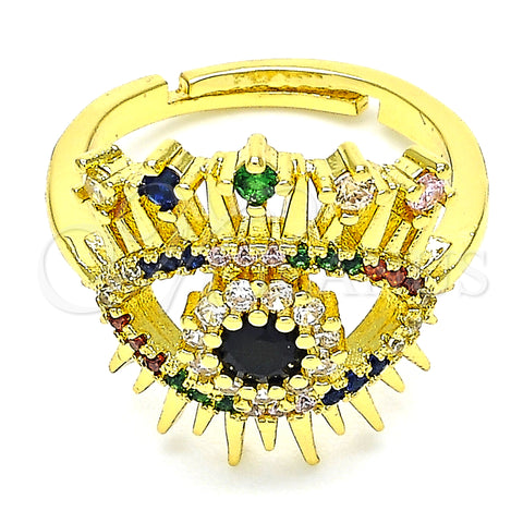 Oro Laminado Multi Stone Ring, Gold Filled Style Evil Eye Design, with Multicolor Micro Pave, Polished, Golden Finish, 01.368.0015 (One size fits all)