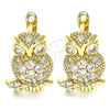 Oro Laminado Leverback Earring, Gold Filled Style Owl Design, with White Micro Pave, Polished, Golden Finish, 02.210.0439
