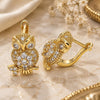 Oro Laminado Leverback Earring, Gold Filled Style Owl Design, with White Micro Pave, Polished, Golden Finish, 02.210.0439