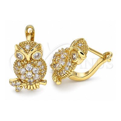 Oro Laminado Leverback Earring, Gold Filled Style Owl Design, with White Micro Pave, Polished, Golden Finish, 02.210.0439