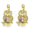 Oro Laminado Leverback Earring, Gold Filled Style Owl Design, with Multicolor Micro Pave, Polished, Golden Finish, 02.210.0439.1