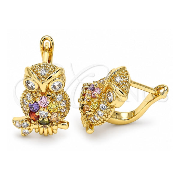 Oro Laminado Leverback Earring, Gold Filled Style Owl Design, with Multicolor Micro Pave, Polished, Golden Finish, 02.210.0439.1