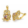 Oro Laminado Leverback Earring, Gold Filled Style Owl Design, with Multicolor Micro Pave, Polished, Golden Finish, 02.210.0439.1
