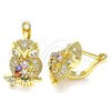 Oro Laminado Leverback Earring, Gold Filled Style Owl Design, with Multicolor Micro Pave, Polished, Golden Finish, 02.210.0439.1