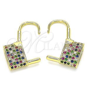 Gold Filled Hoop Earrings — Small Hoop Lock Design with Multicolor Micro Pave — main product view — SKU 135975 | Oro Laminado aretes de aro — Small Hoop Lock diseño with Multicolor Micro Pave — SKU 135975