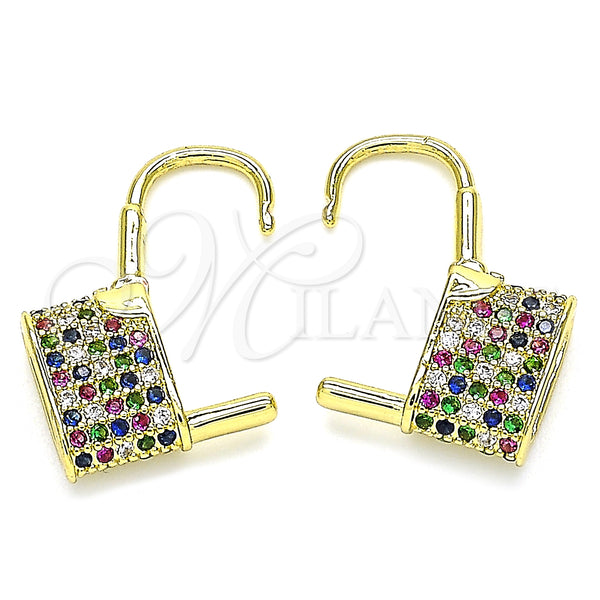 Gold Filled Hoop Earrings — Small Hoop Lock Design with Multicolor Micro Pave — main product view — SKU 135975 | Oro Laminado aretes de aro — Small Hoop Lock diseño with Multicolor Micro Pave — SKU 135975