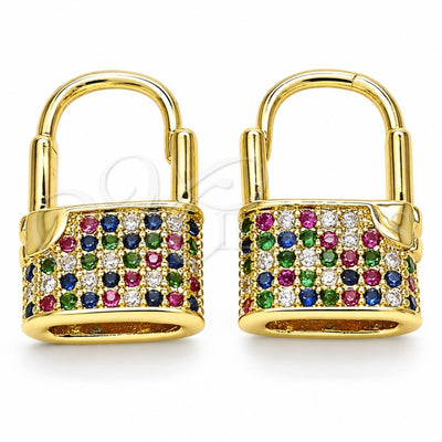 Oro Laminado Small Hoop, Gold Filled Style Lock Design, with Multicolor Micro Pave, Polished, Golden Finish, 02.341.0057.1.12