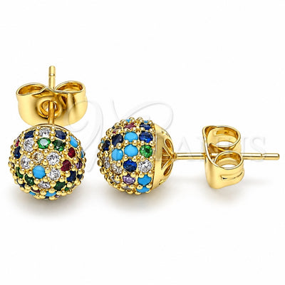 Oro Laminado Stud Earring, Gold Filled Style with Multicolor Micro Pave, Polished, Golden Finish, 02.341.0059