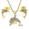 Oro Laminado Earring and Pendant Adult Set, Gold Filled Style Dolphin Design, with Multicolor Micro Pave, Polished, Golden Finish, 10.316.0063