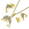 Oro Laminado Earring and Pendant Adult Set, Gold Filled Style Dolphin Design, with Multicolor Micro Pave, Polished, Golden Finish, 10.316.0063