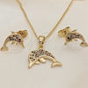 Oro Laminado Earring and Pendant Adult Set, Gold Filled Style Dolphin Design, with Multicolor Micro Pave, Polished, Golden Finish, 10.316.0063