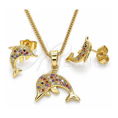 Oro Laminado Earring and Pendant Adult Set, Gold Filled Style Dolphin Design, with Multicolor Micro Pave, Polished, Golden Finish, 10.316.0063