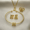 Oro Laminado Earring and Pendant Children Set, Gold Filled Style Teddy Bear and Heart Design, with White Micro Pave, Polished, Golden Finish, 06.210.0021