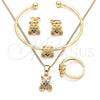Oro Laminado Earring and Pendant Children Set, Gold Filled Style Teddy Bear and Heart Design, with Multicolor Micro Pave, Polished, Golden Finish, 06.210.0021.1