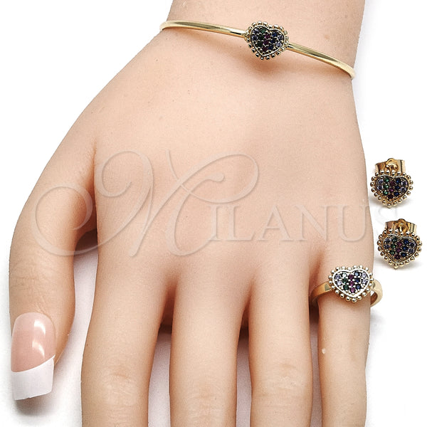 Oro Laminado Earring and Pendant Children Set, Gold Filled Style Heart Design, with Multicolor Micro Pave, Polished, Golden Finish, 06.210.0022.1