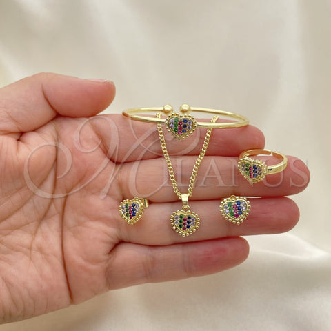 Oro Laminado Earring and Pendant Children Set, Gold Filled Style Heart Design, with Multicolor Micro Pave, Polished, Golden Finish, 06.210.0022.1