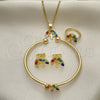Oro Laminado Earring and Pendant Children Set, Gold Filled Style Tree Design, with Multicolor Cubic Zirconia, Polished, Golden Finish, 06.210.0023.1